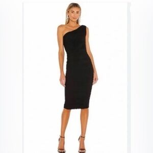 House of Harlow 1960 One Shoulder Ruched Bodycon Mesh Midi black Dress, sz S